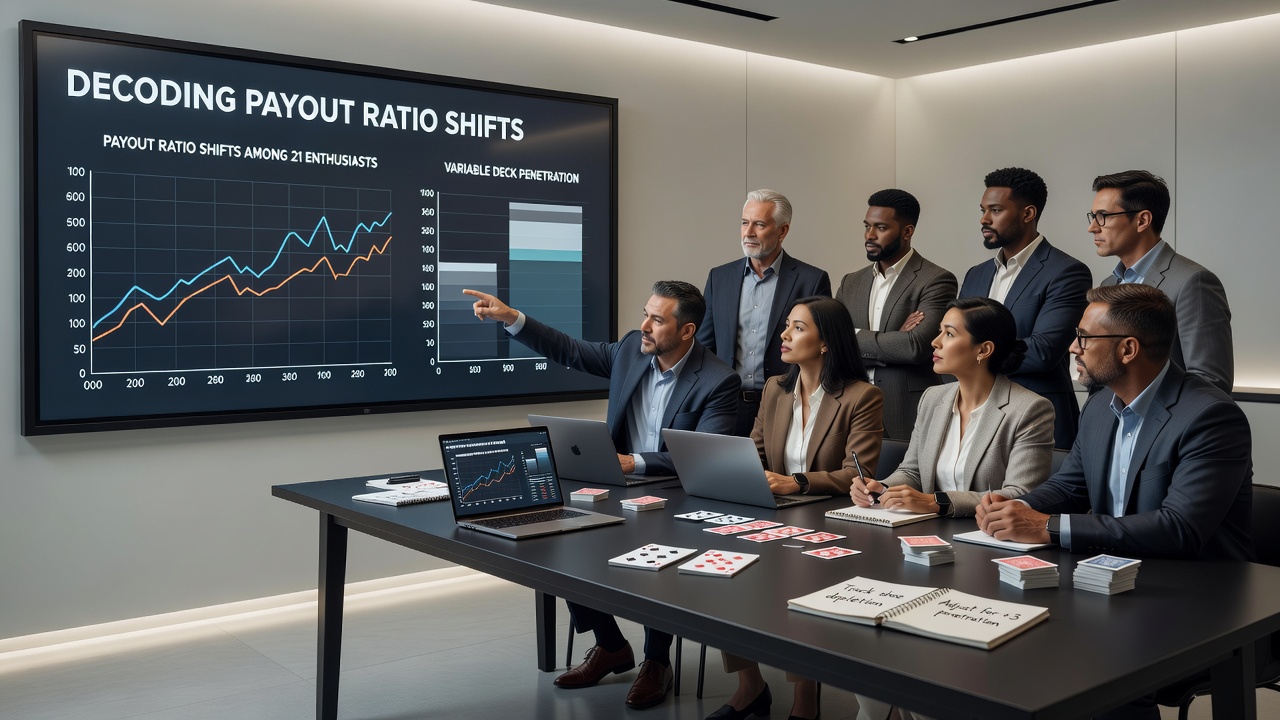 Analytics dashboard displaying payout ratio trends and deck penetration metrics for twenty-one sessions on digital platforms