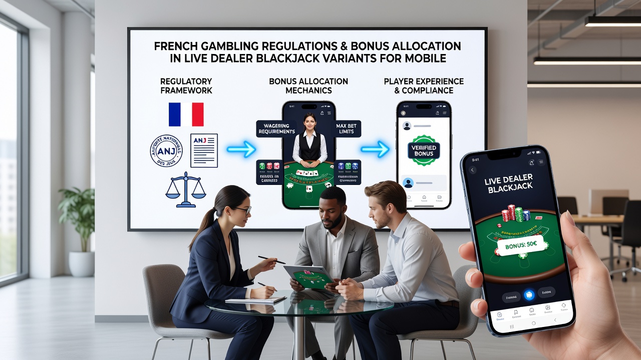 Regulatory document overlay on a tablet showing bonus allocation rules for live blackjack